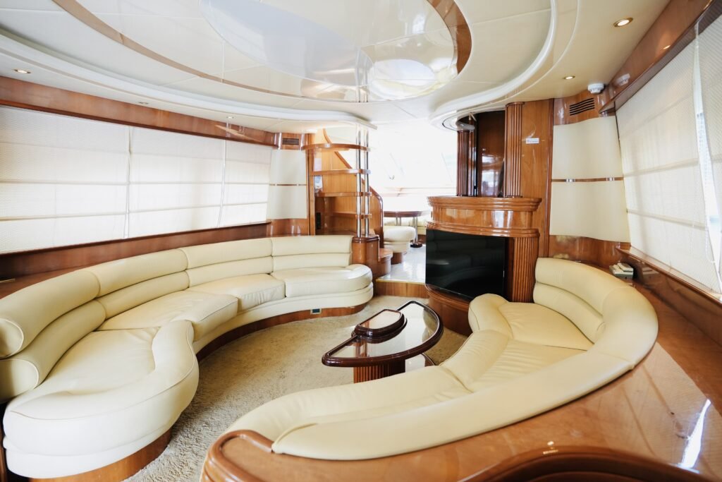 Spacious living area with curved seating on YRD Prestige 80ft