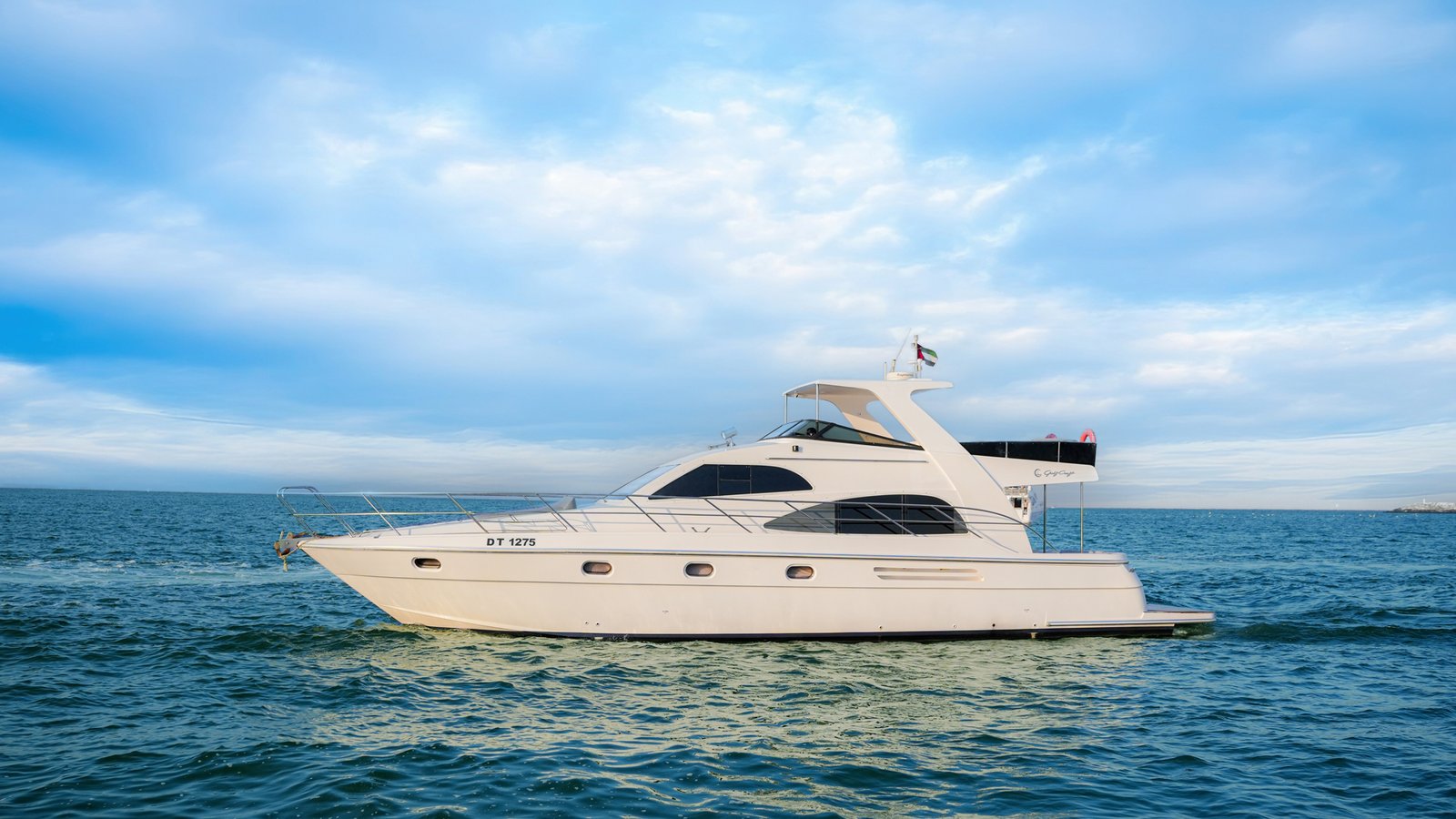 YRD Signature 55ft yacht rear seating with Dubai skyline