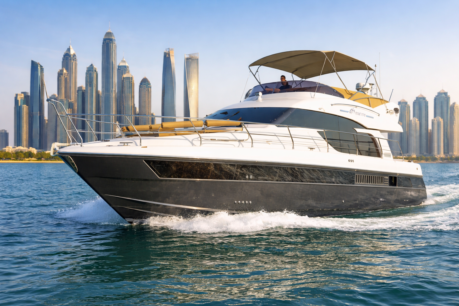 Rent YRD Signature 50ft yacht in Dubai for up to 15 guests. Spacious decks, flybridge seating, crew included. From AED 990/hour.