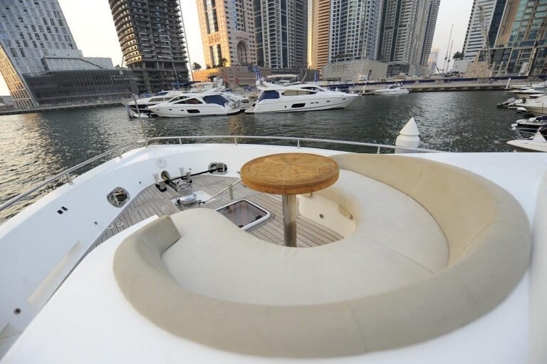 Front deck dining area on YRD Sovereign 101ft yacht in Dubai