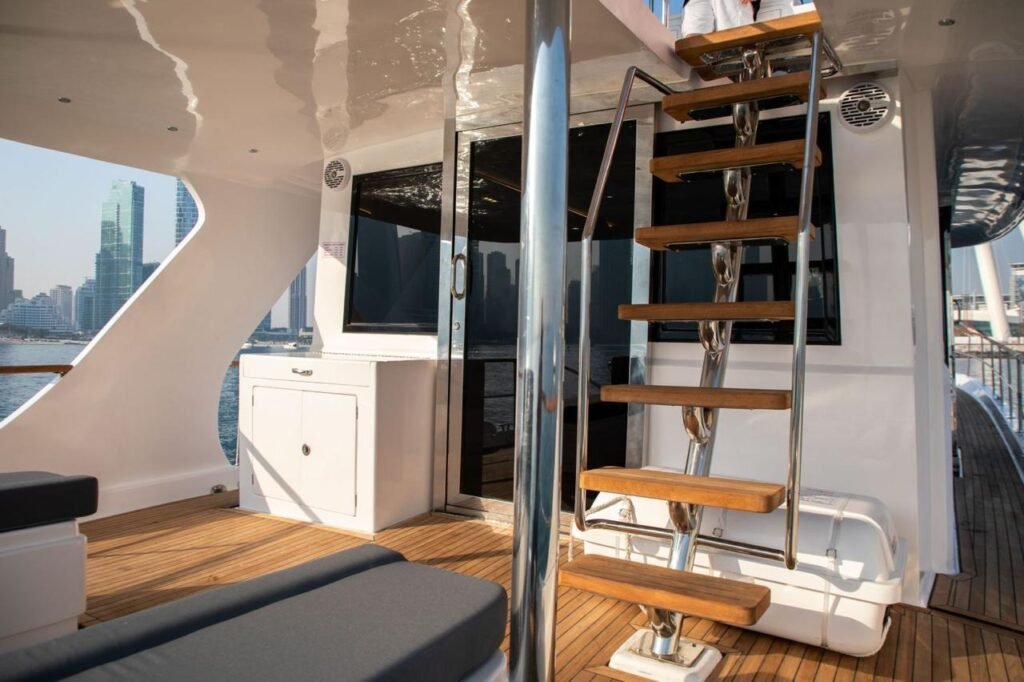 uests relaxing on deck of YRD Prestige 64ft yacht