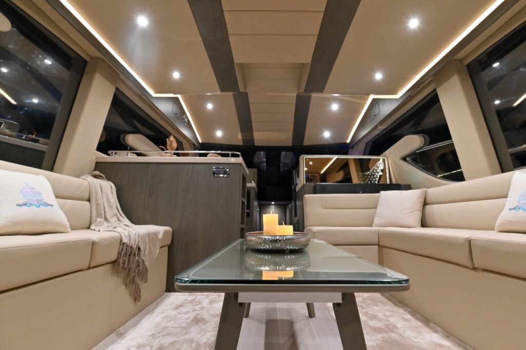 Comfortable side seating inside YRD Signature 50ft yacht salon