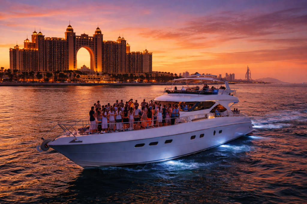 Luxury party yacht rental in Dubai Marina during evening cruise