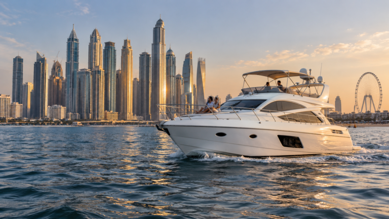 Rivate yacht cruising past the Dubai Marina skyline sunset